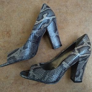 Opened Toed Faux Snake Print Heels